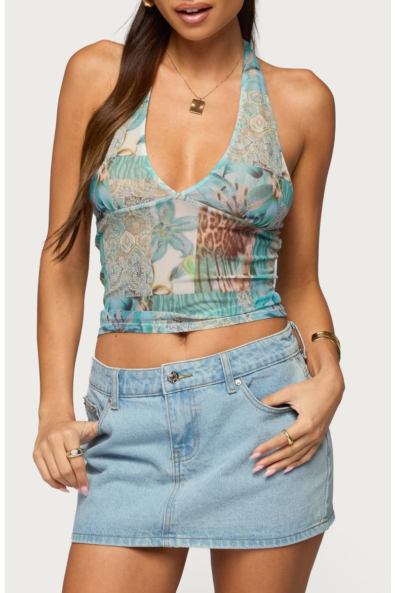 Catie Patchwork Mesh Halter Top, Main, color, BLUE