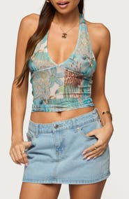 EDIKTED Catie Patchwork Mesh Halter Top