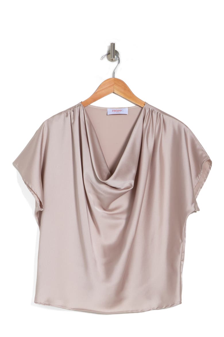Cowl Neck Short Sleeve Satin Top, Alternate, color, BEIGE