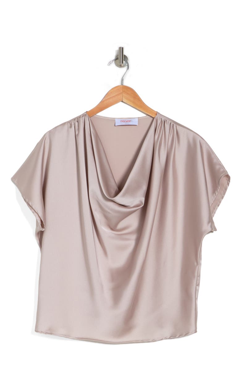 Renee C Cowl Neck Short Sleeve Satin Top, Alternate, color, Beige