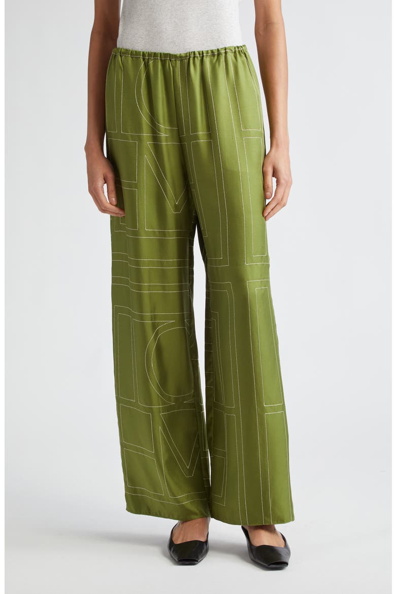 Monogram Embroidered Silk Pants, Main, color, LAUREL