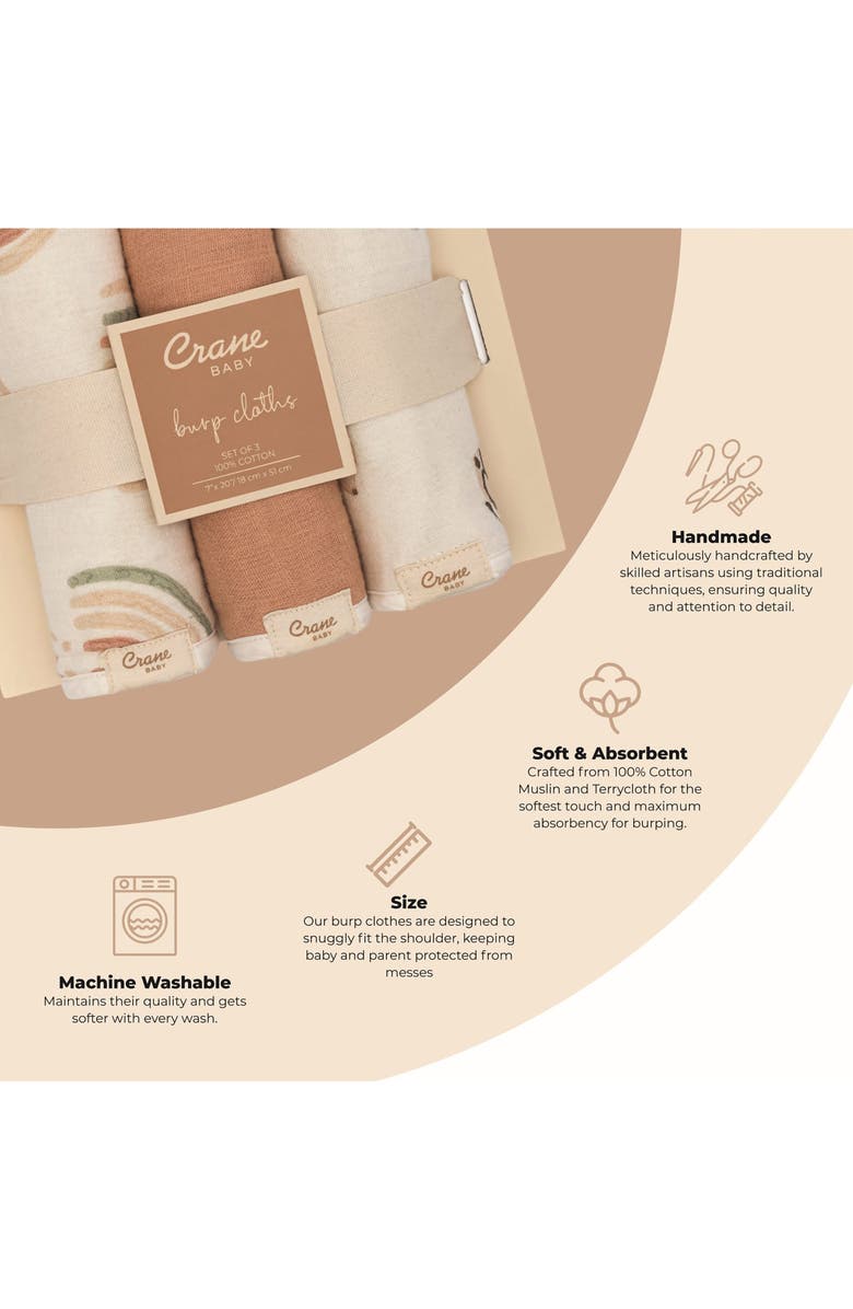 CRANE BABY 3-Pack Cotton Baby Burp Cloth Set, Alternate, color, Beige