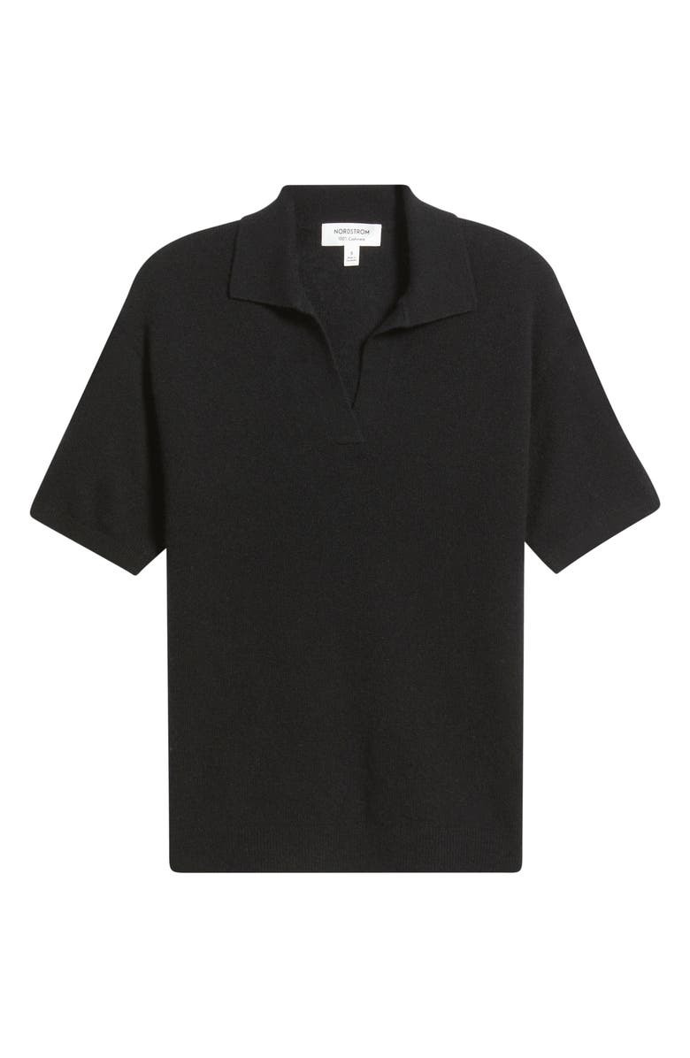 Nordstrom Cashmere Johnny Collar Short Sleeve Sweater, Main, color, Black Rock