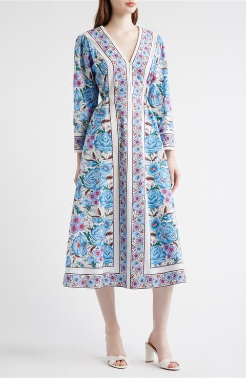 Blanche Print Long Sleeve Organic Cotton Midi Dress