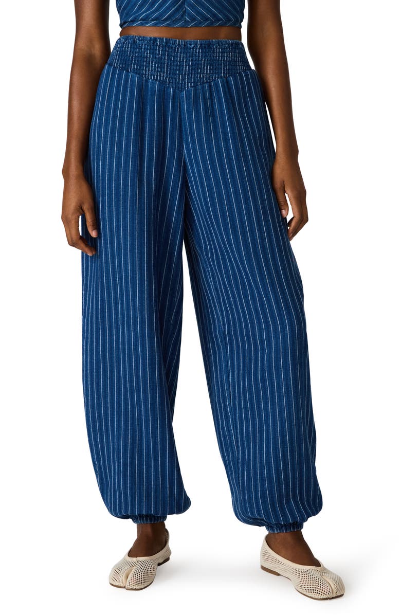 Steve Madden Tillie Stripe Cotton & Linen Balloon Pants, Main, color, Mixed Indigo