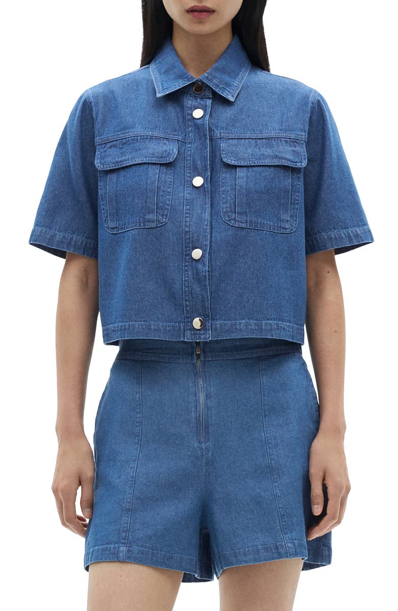 MANGO Crop Short Sleeve Denim Shirt, Main, color, Medium Blue