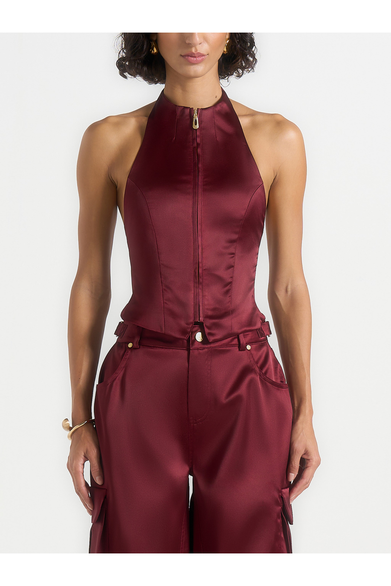 Claudette Backless Satin Halter Top, Alternate, color, Wine Red