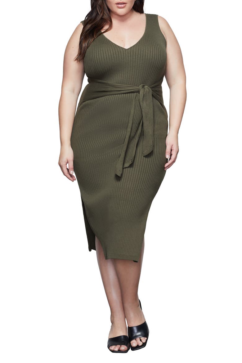 Rib Knit Tie Waist Midi Dress, Alternate, color, SAGE01