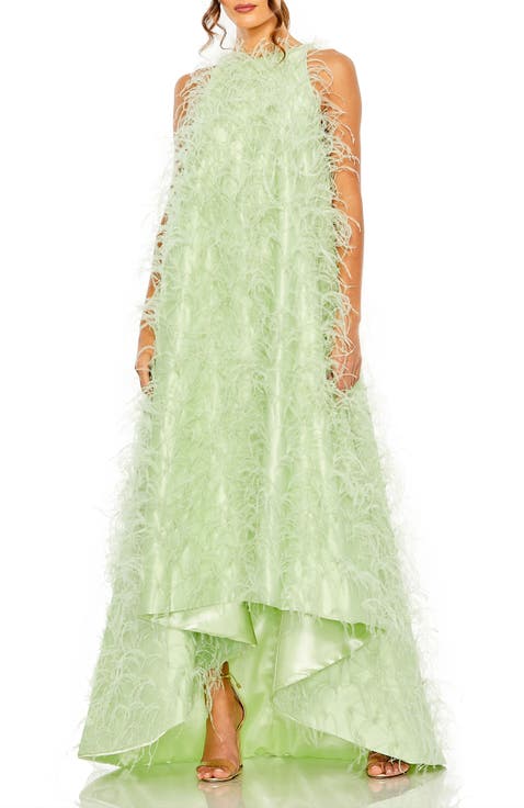 Satin Feather High-Low Evening Dress with Trapeze Silhouette