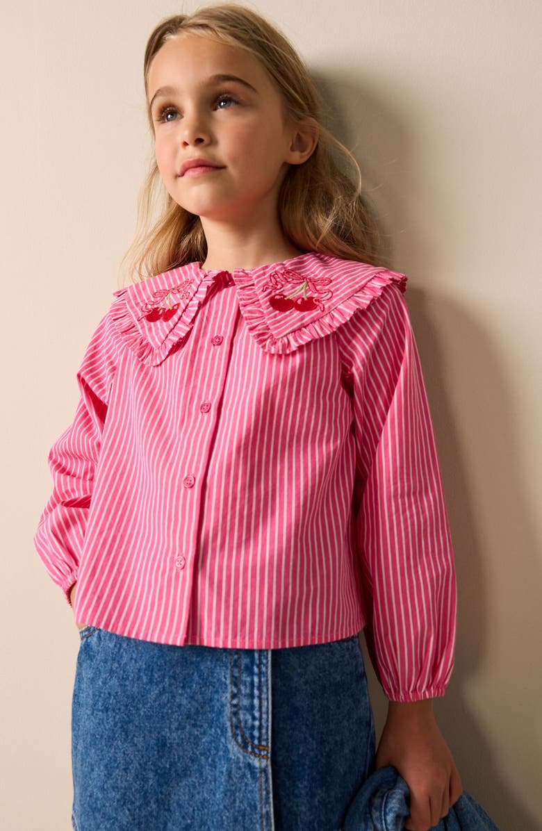 NEXT Kids' Cherry Ruffle Collar Cotton Top, Alternate, color, Pink