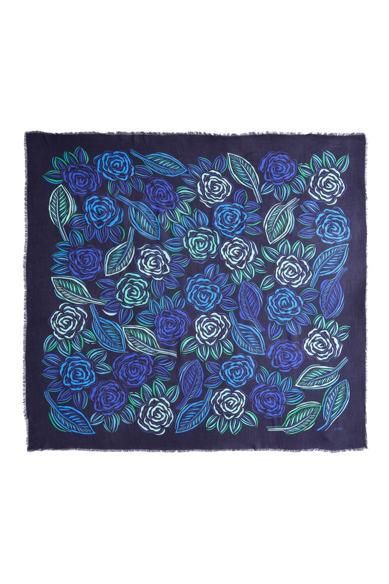 Gestural Rose Print Square Scarf, Alternate, color, NAVY
