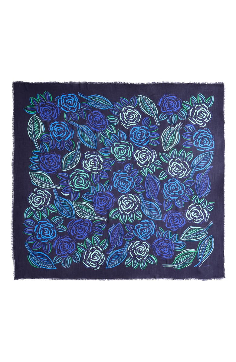 Echo Gestural Rose Print Square Scarf, Alternate, color, Navy