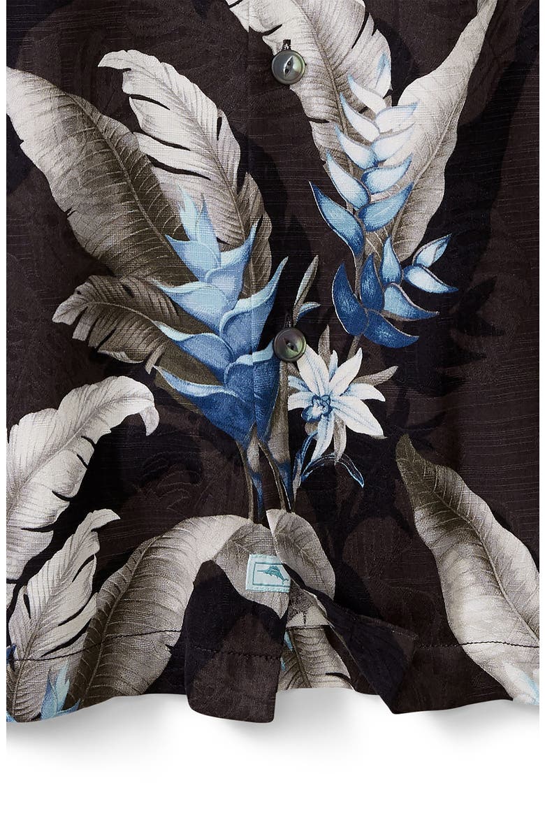 Montego Blooms Tropical Short Sleeve Silk Button-Up Shirt, Alternate, color, BLACK