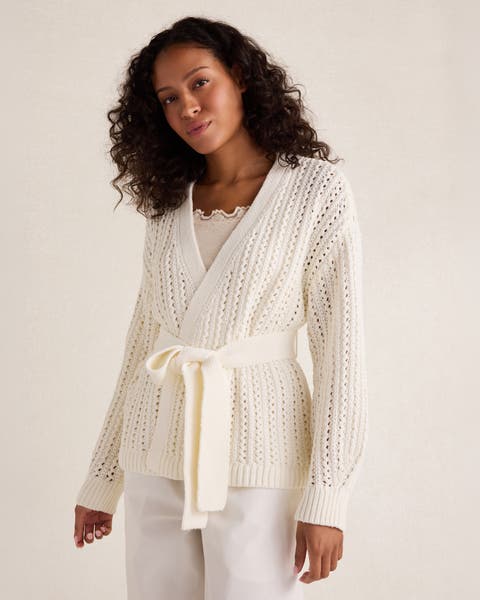 Textured Cotton Blend Belted Cardigan
