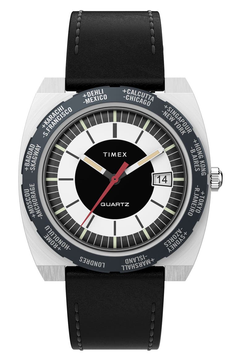 World Time Reissue Leather Strap Watch, 39mm, Main, color, BLACK