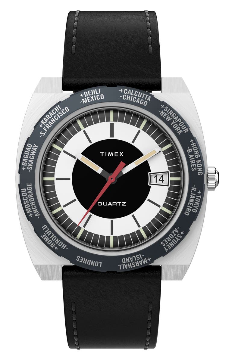 Timex<sup>®</sup> World Time Reissue Leather Strap Watch, 39mm, Main, color, Black