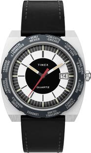 Timex® World Time Reissue Leather Strap Watch, 39mm