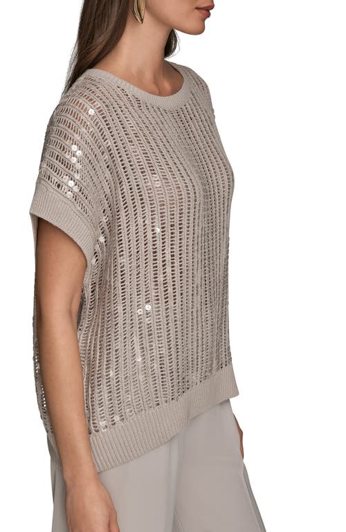 Donna Karan New York Sequin Open Stitch Short Sleeve Sweater In Gray