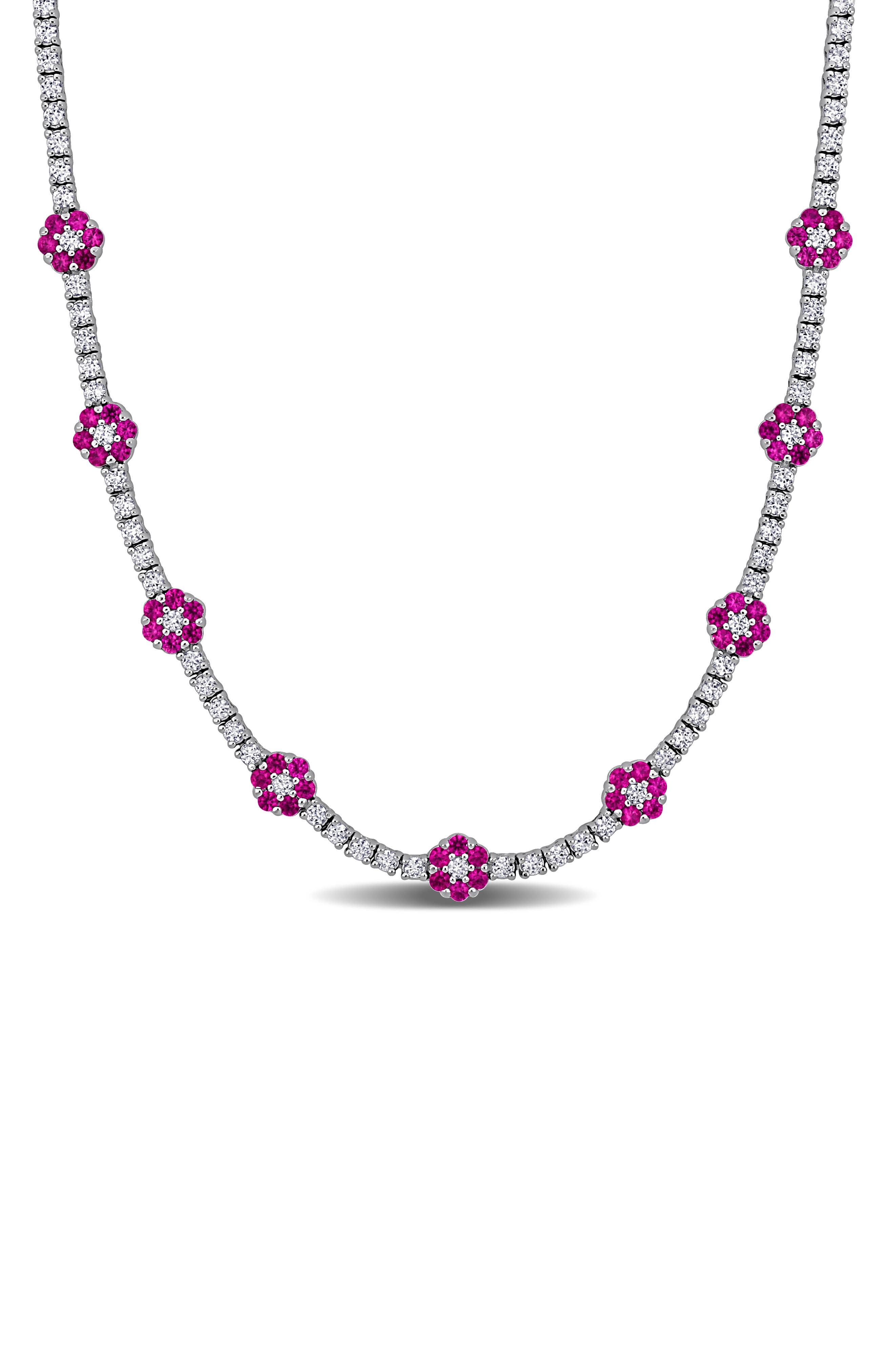 Sterling Silver Lab Created Ruby Flower Necklace