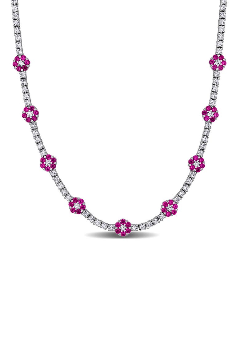 Sterling Silver Lab Created Ruby Flower Necklace, Main, color, RED