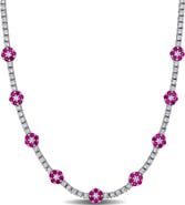 DELMAR Sterling Silver Lab Created Ruby Flower Necklace