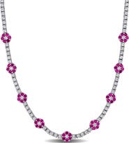 DELMAR Sterling Silver Lab Created Ruby Flower Necklace