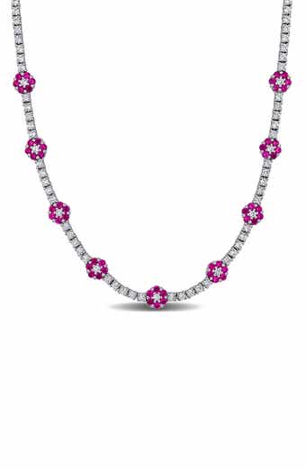 Sterling Silver Lab Created Ruby Flower Necklace