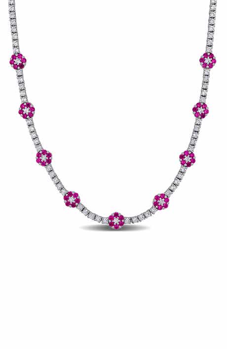 Sterling Silver Lab Created Ruby Flower Necklace
