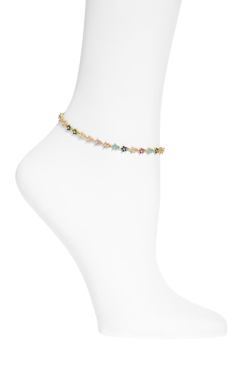 Rainbow Twinkle Cubic Zirconia Flower Anklet, Main, color, GOLD