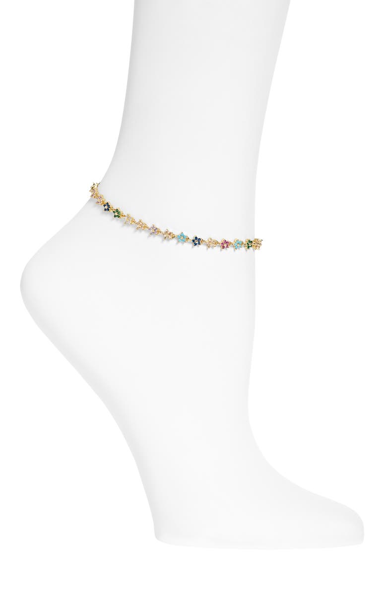 VIDAKUSH Rainbow Twinkle Cubic Zirconia Flower Anklet, Main, color, Gold