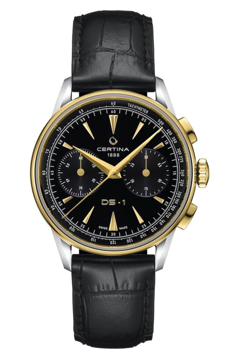 DS 1 Chrono Automatic Leather Strap Watch, 42mm, Main, color, STAINLESS STEEL PVD COATING
