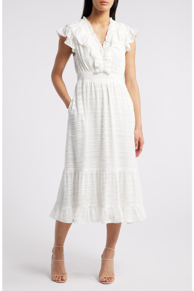 Ruffle Detail Textured Stripe Dress, Main, color, WHITE
