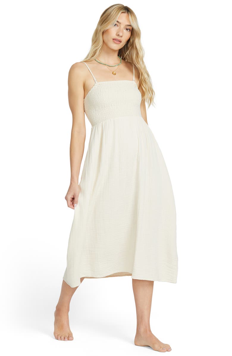 Billabong Off the Coast Smocked Bodice Cotton Midi Dress, Alternate, color,