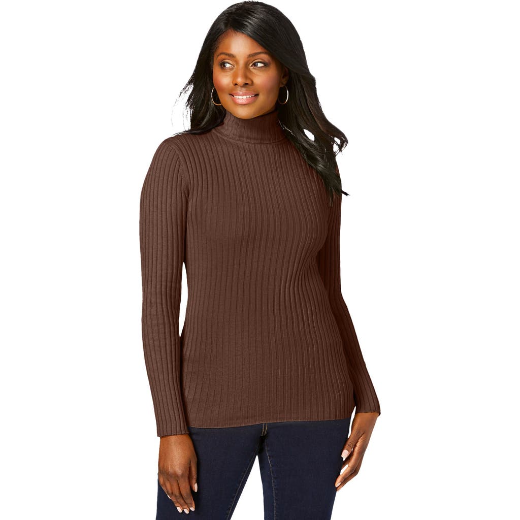 Jessica London Ribbed Cotton Turtleneck Sweater In Brown