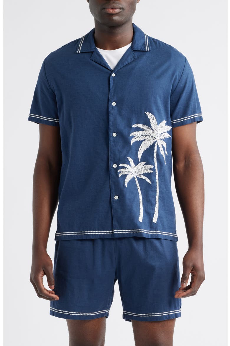 Gibson Palm Tree Embroidered Short Sleeve Linen Blend Button-Up Shirt, Main, color, NAVY WHITE PALM