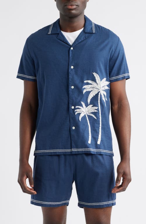Rails Gibson Palm Tree Embroidered Short Sleeve Linen Blend Button-up Shirt