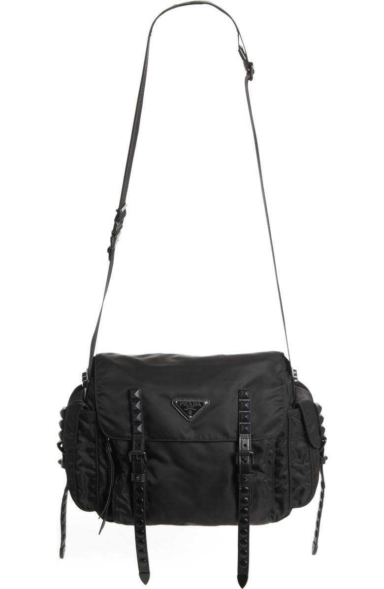 Prada Studded Nylon Messenger Bag, Alternate, color,