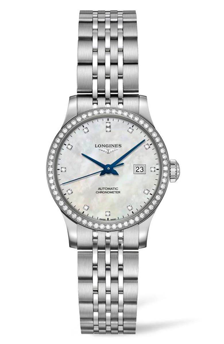 Longines Record Pavé Diamond Bracelet Watch, 30mm, Main, color,