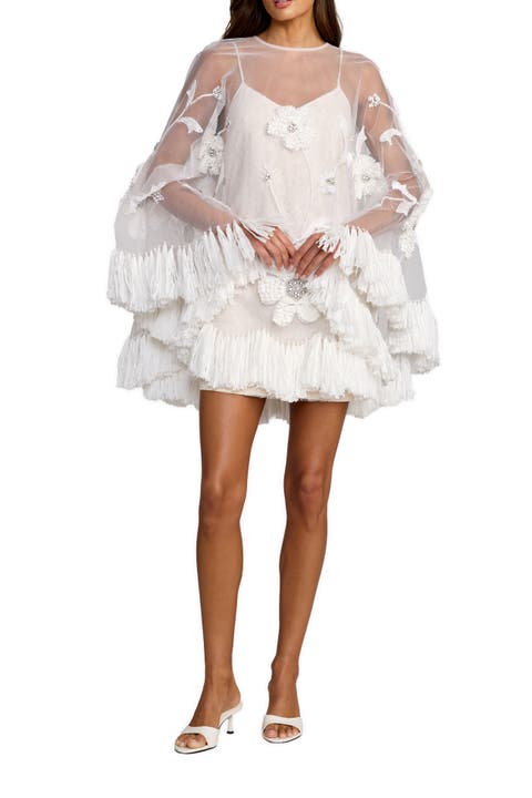 Embellished Trapeze Mini Dress With Fringe Hem