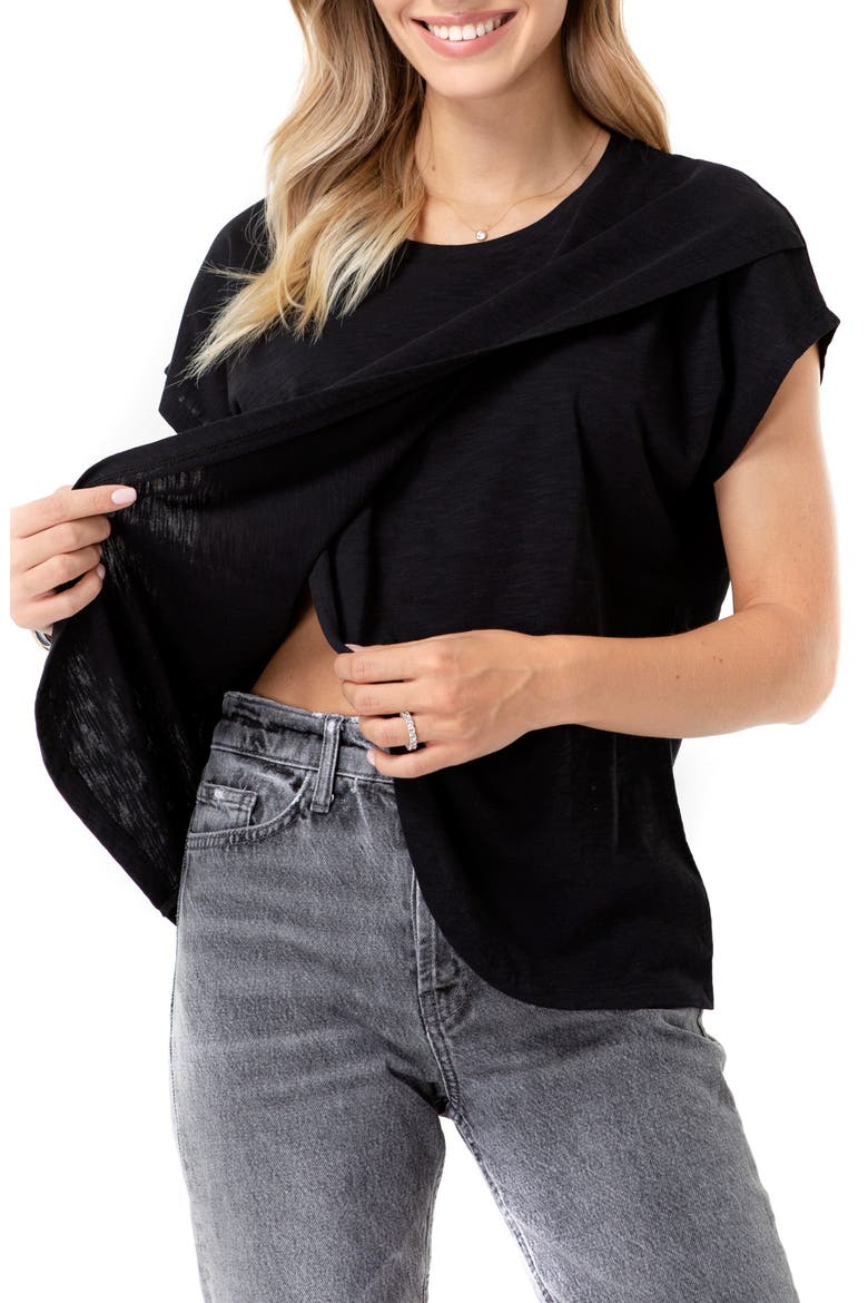 Handy Crossover Short Sleeve Cotton Maternity/Nursing Top, Alternate, color, BLACK