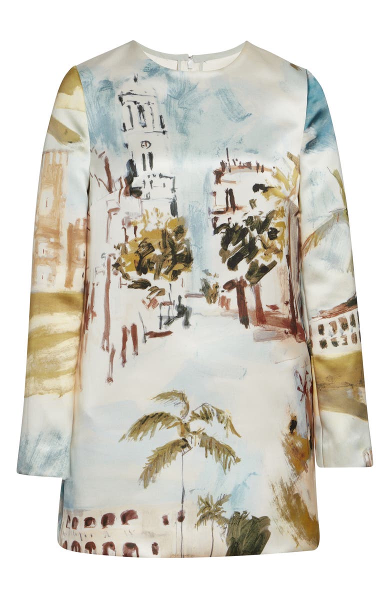 Oscar de la Renta Dominican Landscape Long Sleeve Minidress, Main, color, Blue Green Mult