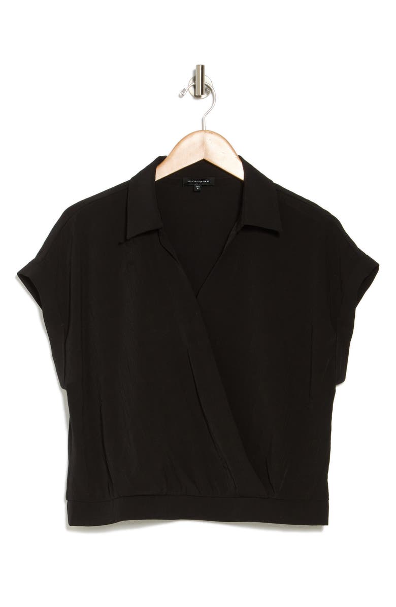 Pleione Short Sleeve Faux Wrap Textured Satin Top, Alternate, color, Black