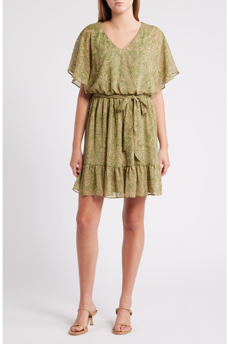 Metallic Paisley V-Neck Chiffon Minidress, Main, color, EPSOM BEIGE