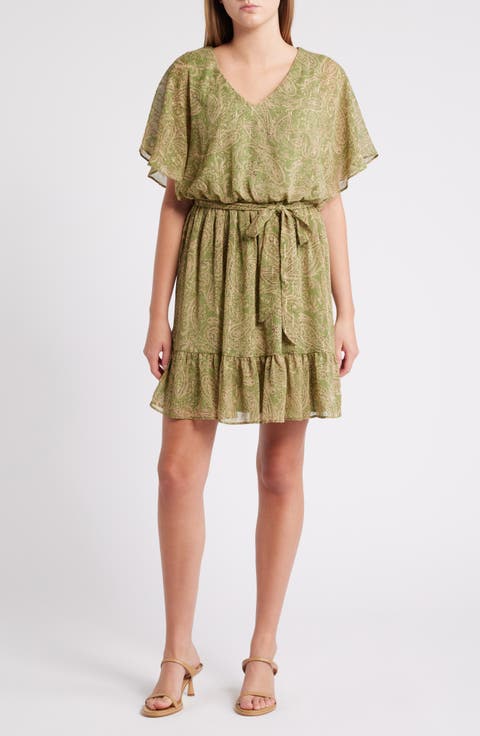 Metallic Paisley V-Neck Chiffon Minidress