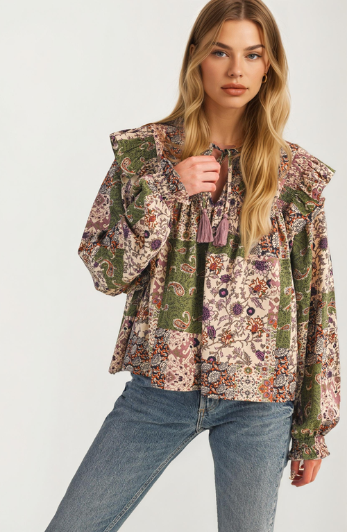Knit and Lounge Boho Patchwork Ruffle Tassel Tie Neckline Blouse in Patchwork Beige  product