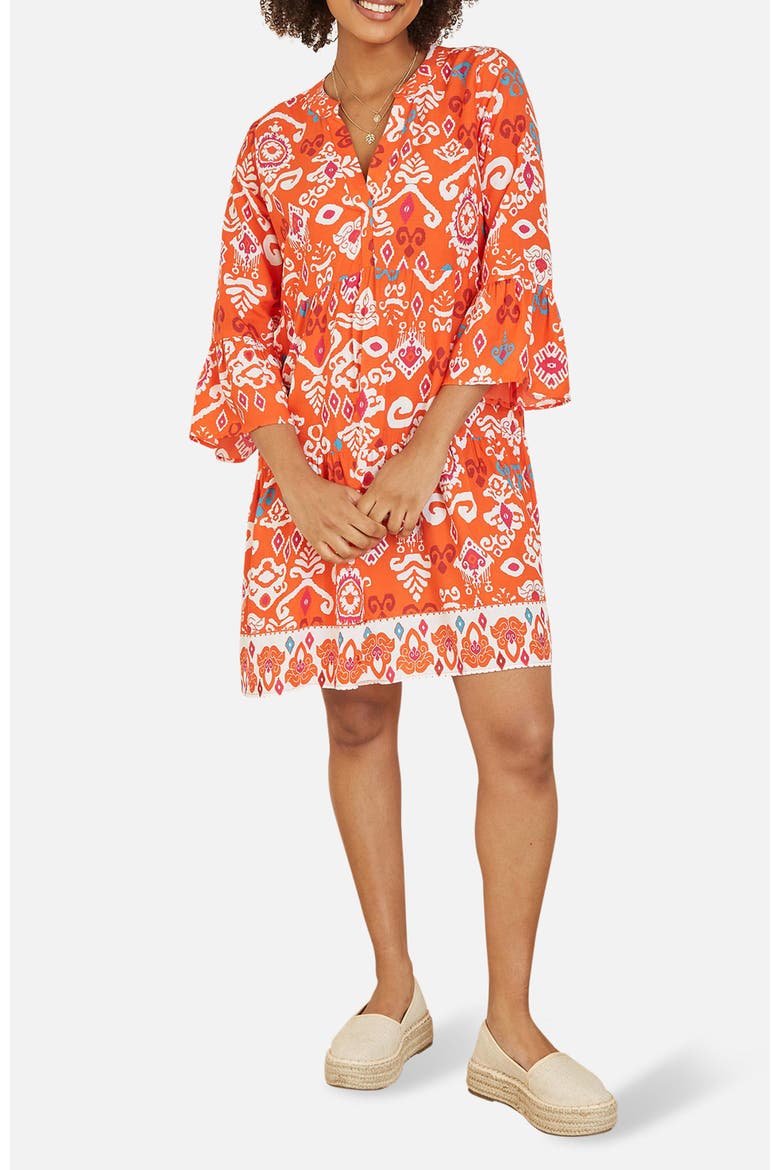 Flared Ikat Print 3/4 Sleeve Tunic Dress, Alternate, color, Orange