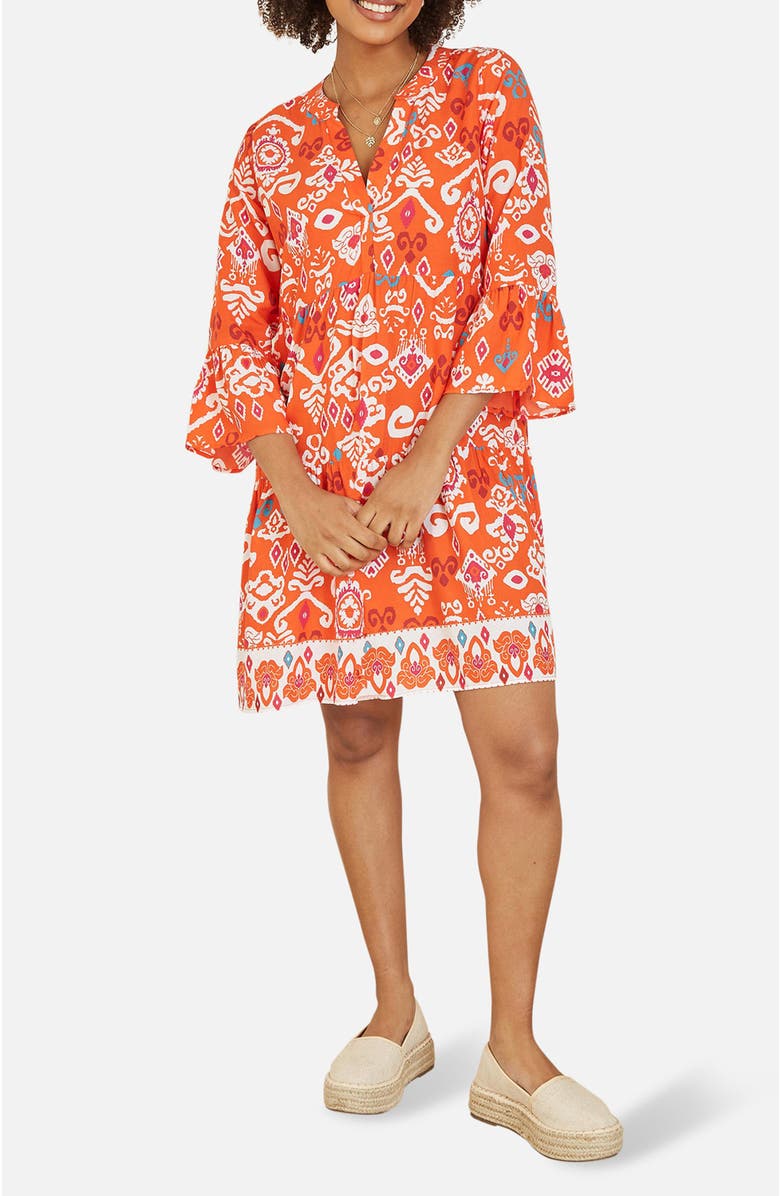 Yumi Flared Ikat Print 3/4 Sleeve Tunic Dress, Alternate, color, Orange