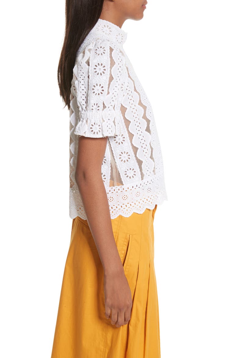 Sea Luna Cotton Eyelet Top, Alternate, color, WHITE WITH NUDE MESH