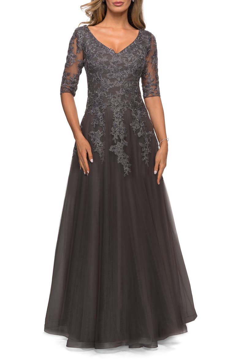 Long A-line Dress with Lace Bodice and V-neck, Main, color, Gunmetal