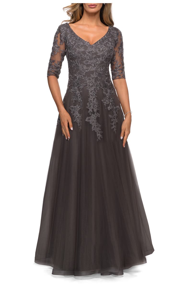 La Femme Long A-line Dress with Lace Bodice and V-neck, Main, color, Gunmetal